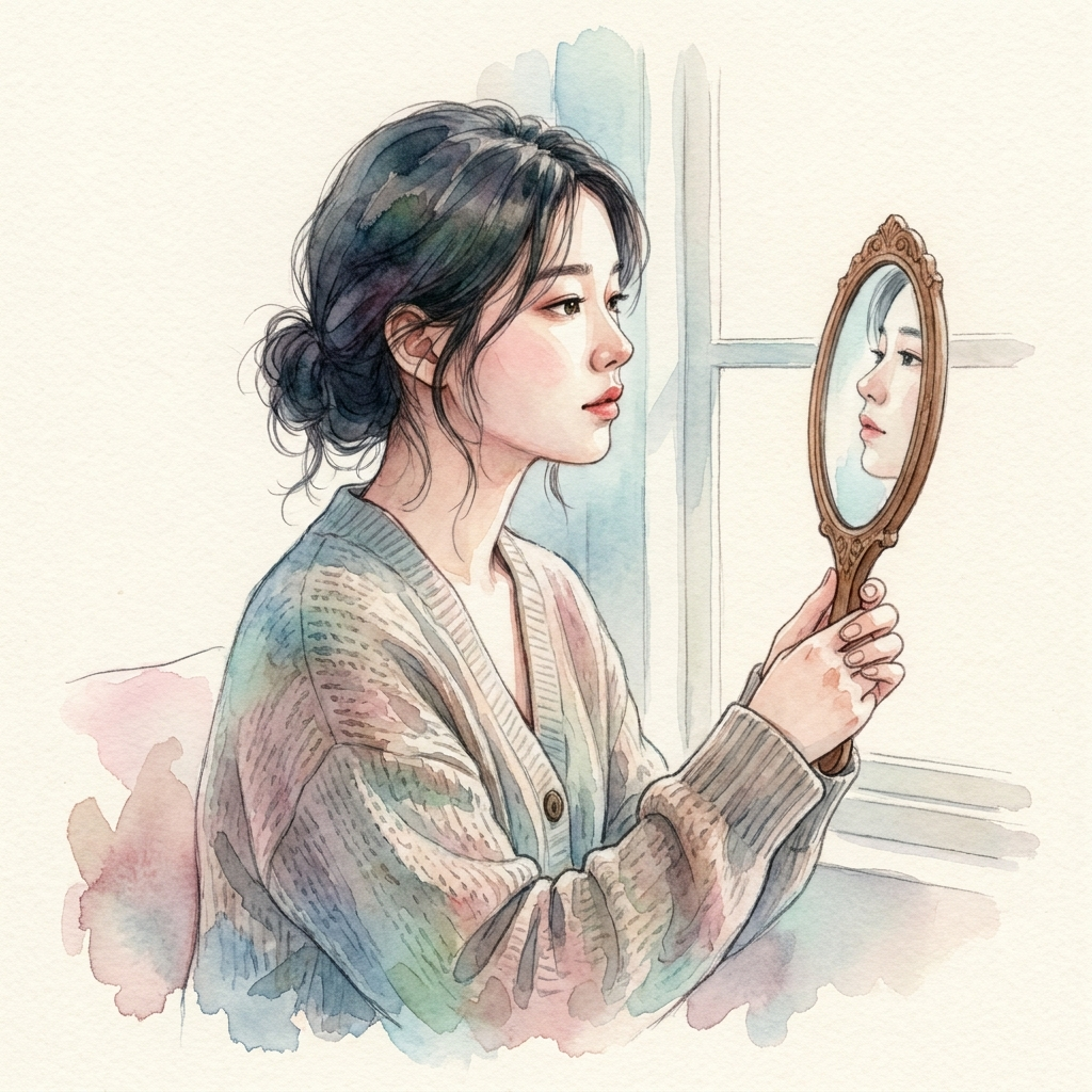 거울 앞 옆모습 고민